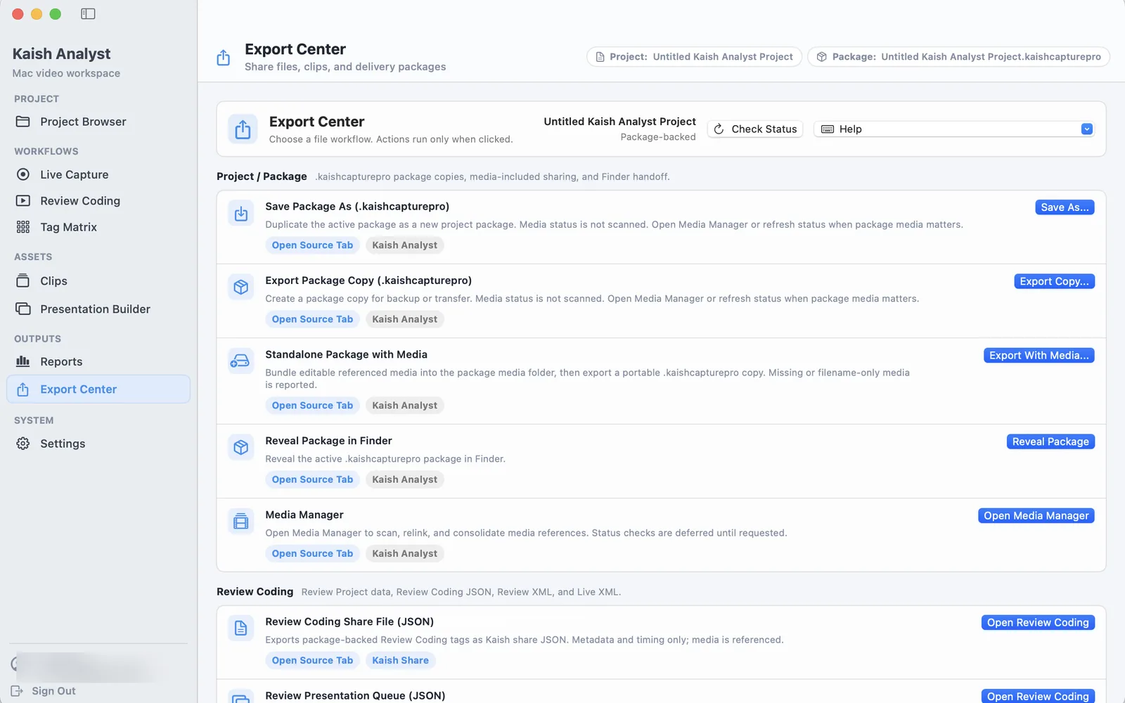 Kaish Analyst Export Center showing package and review output choices