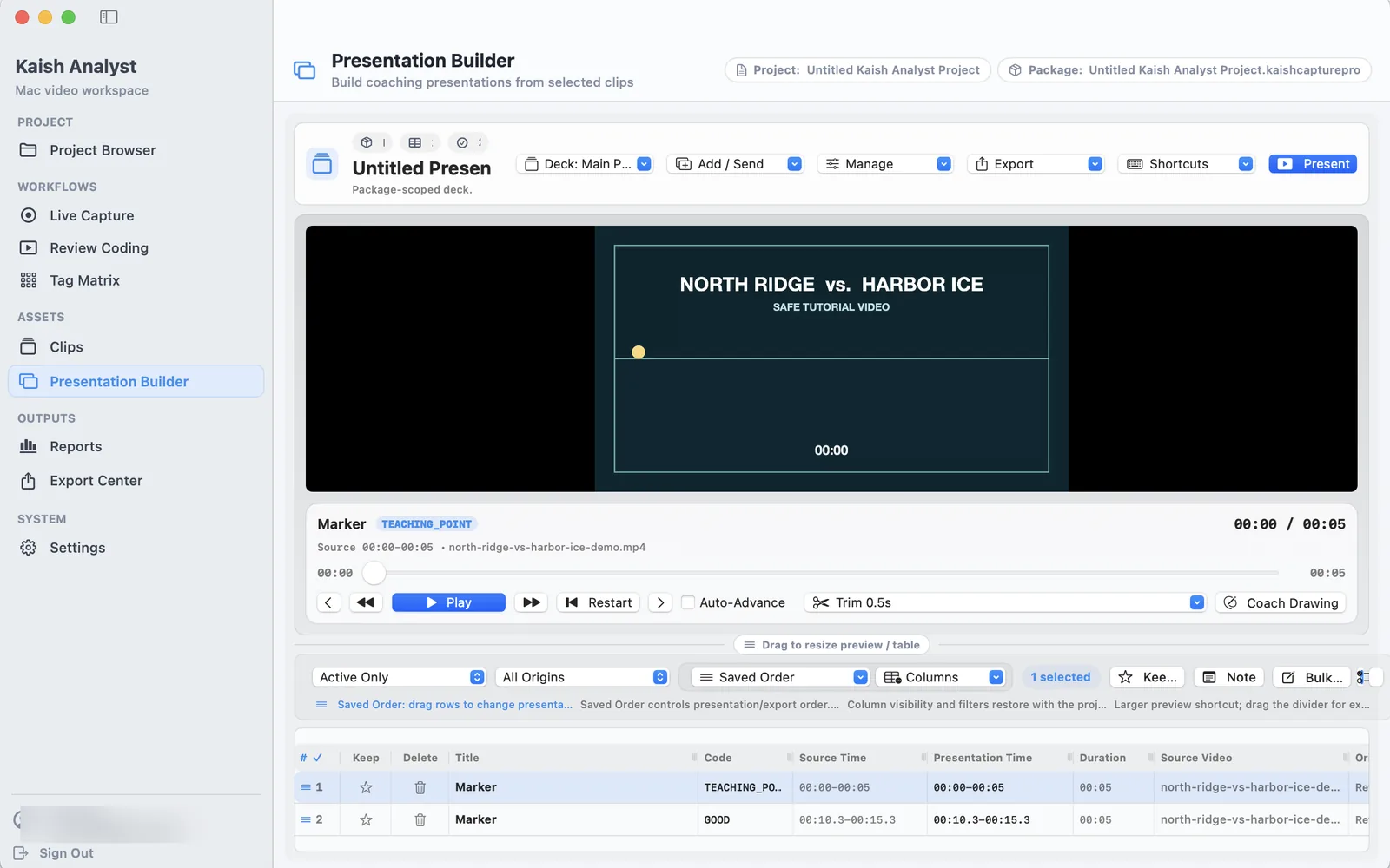 Kaish Analyst Presentation Builder with two fictional teaching clips