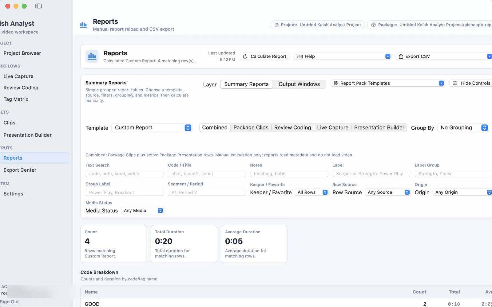 Kaish Analyst calculated report with fictional clip metrics