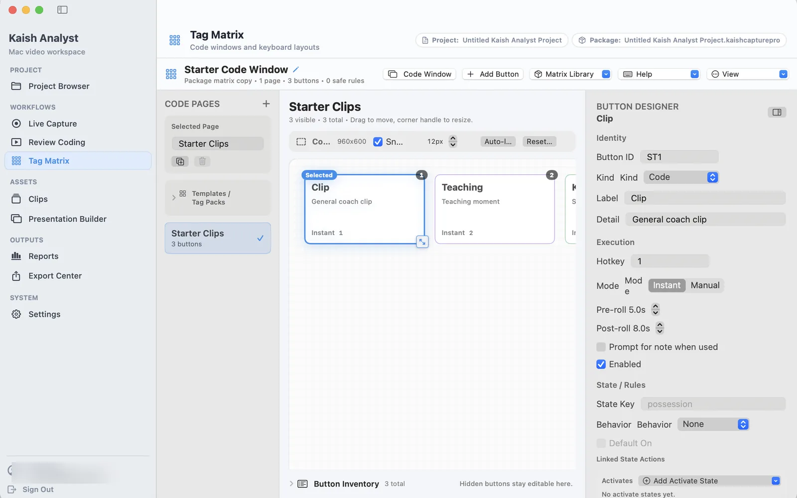 Kaish Analyst Tag Matrix with reusable coaching controls