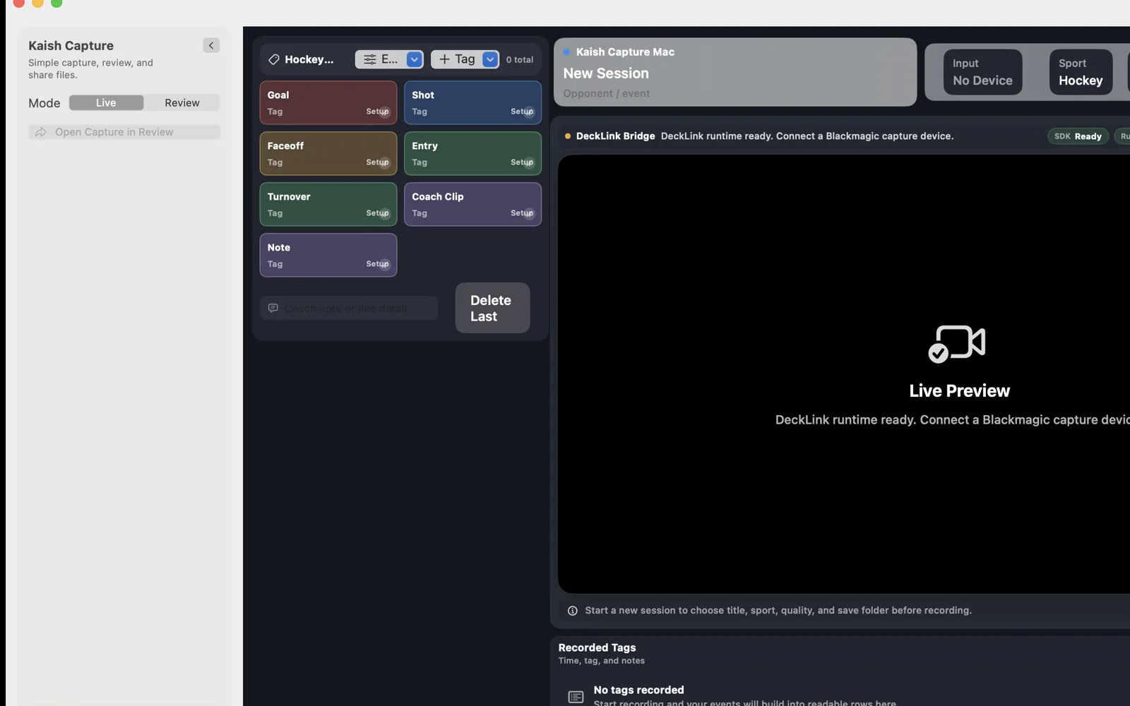Kaish Capture workspace with Live and Review mode choices