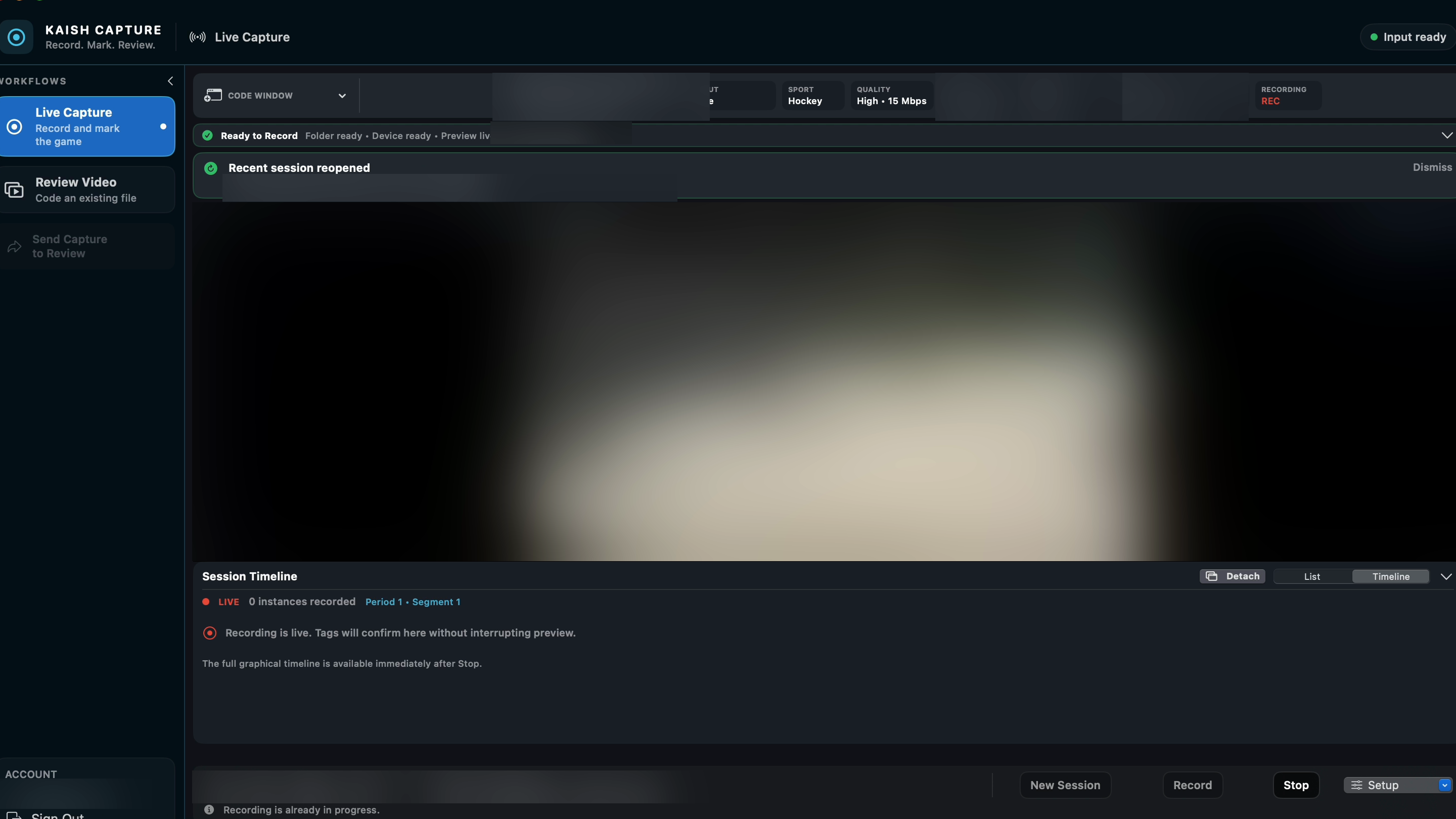 Real Kaish Capture Live Capture workspace with the interface sharp and only the game-video pane obscured