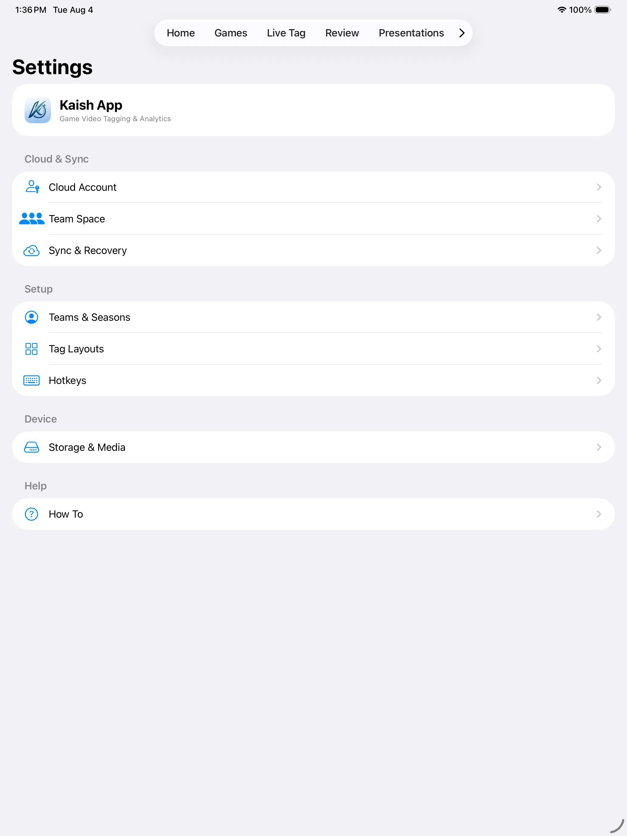 Kaish App settings overview in the current iPad build