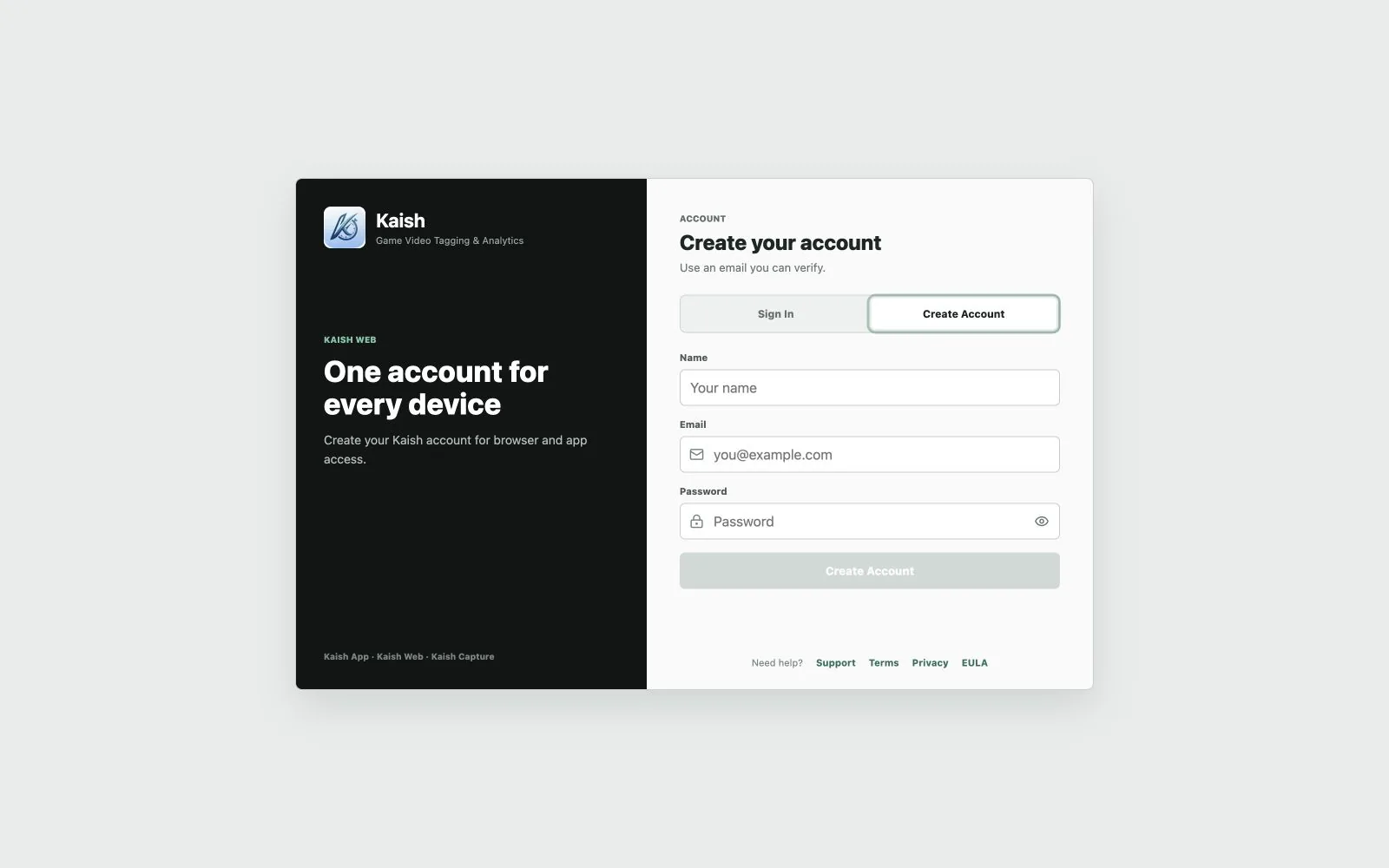Kaish Web account creation page using safe example details