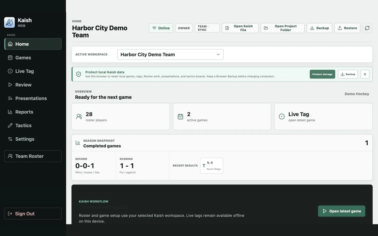 Kaish Web workspace home
