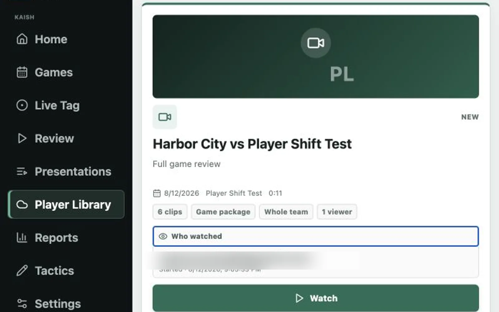 Kaish Web Player Library viewing progress with the player identity redacted