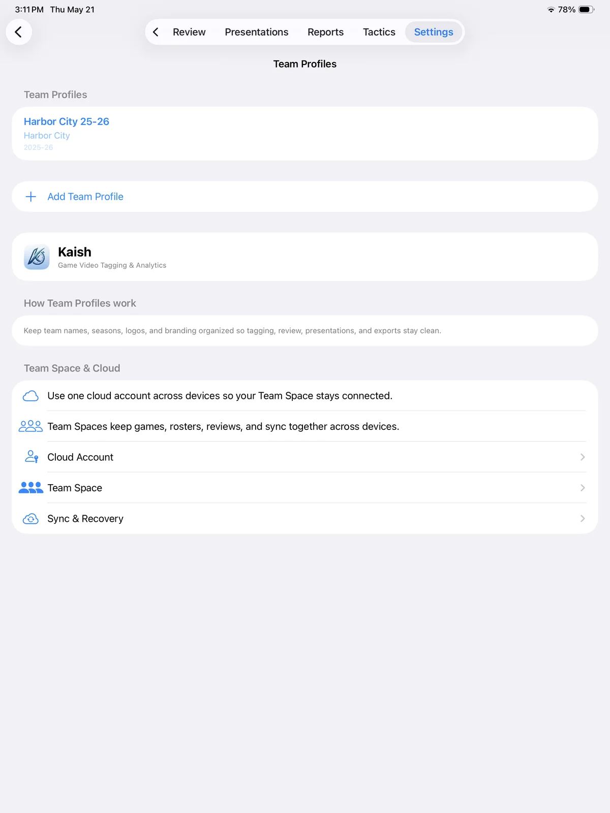 Kaish App team profile and workspace settings screen