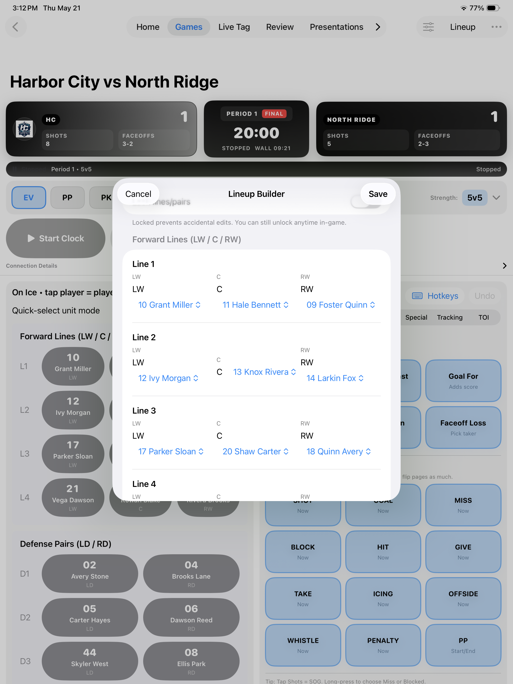 Kaish App roster and lineup setup screen