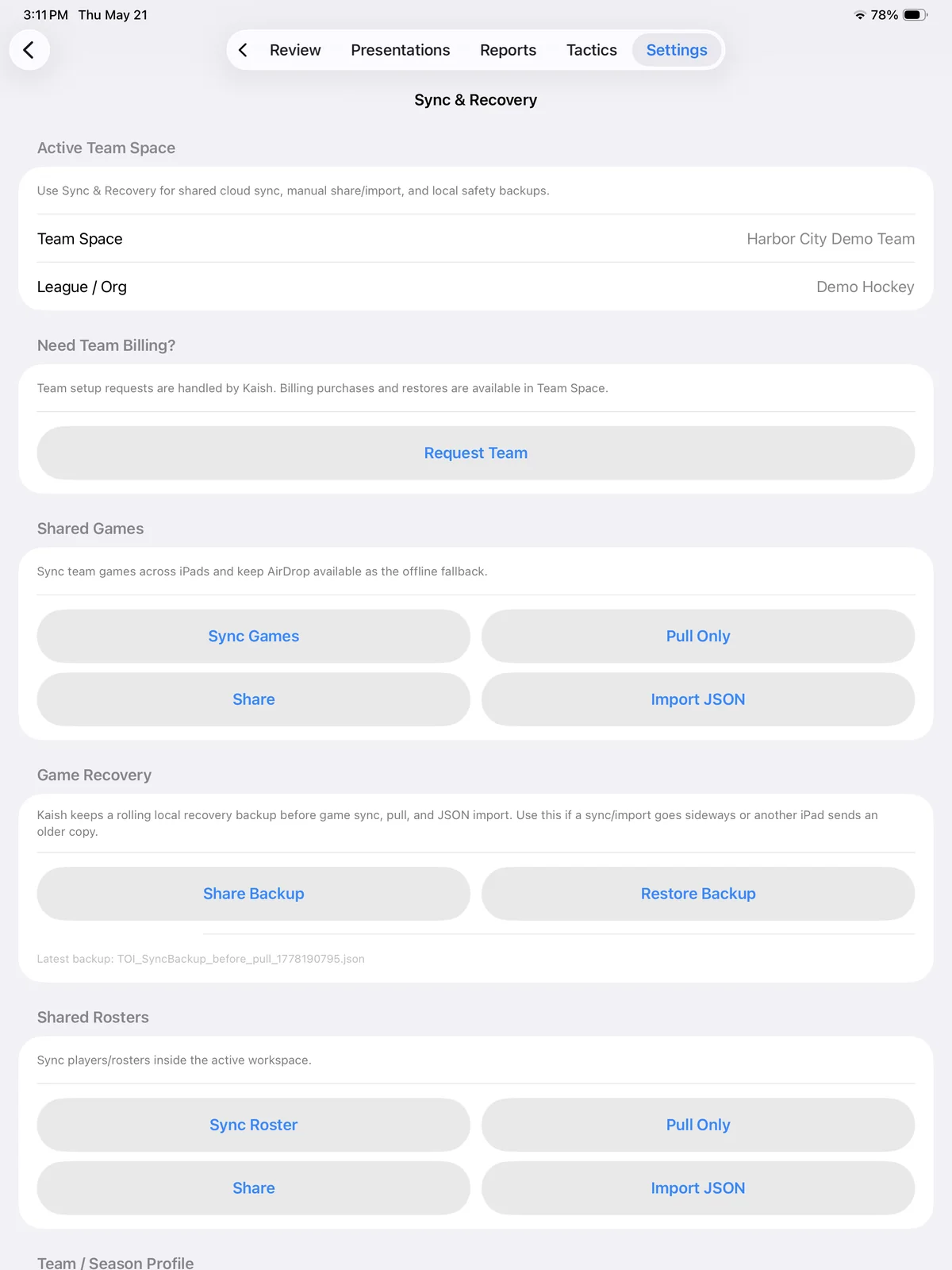 Kaish App Sync and Recovery settings with shared-game, roster, and backup actions