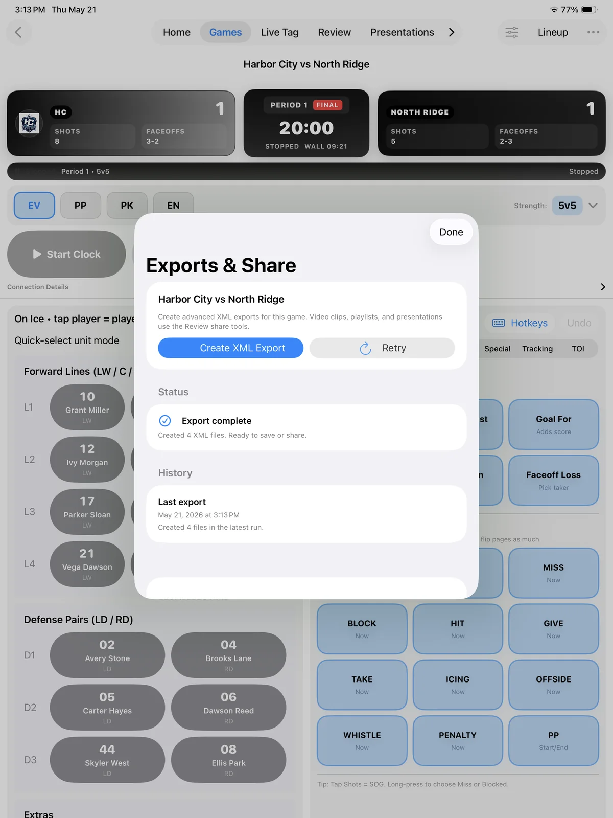 Kaish App Exports and Share sheet with completed export status