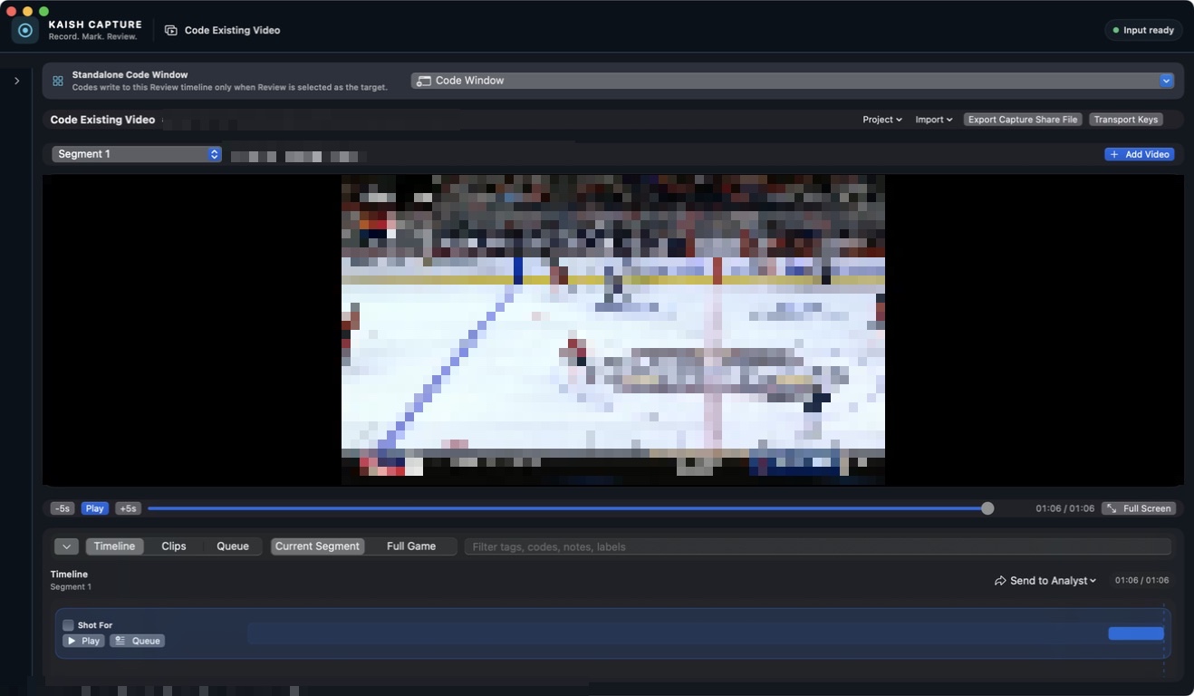 Current Kaish Capture Code Existing Video workspace with real game footage obscured for privacy